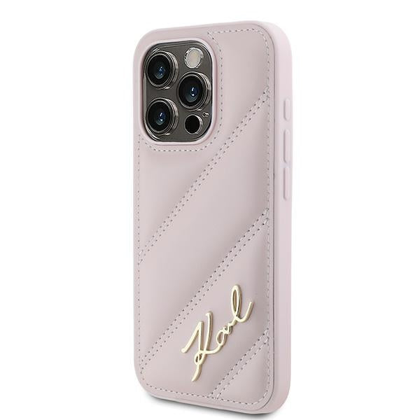 Funda para Apple iPhone 15 Pro Max, Karl Lagerfeld, Diagonal Quilted Script, Rosa.
