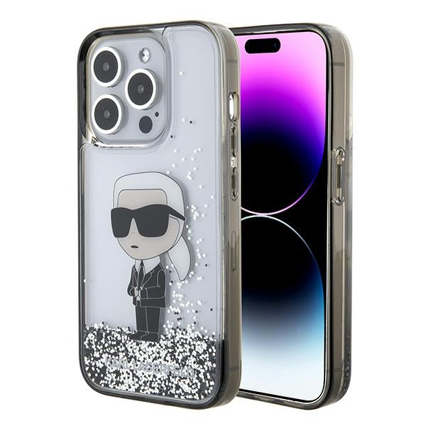 Funda para Apple iPhone 15 Pro Max, Karl Lagerfeld, Liquid Glitter Ikonik Karl, Transparente