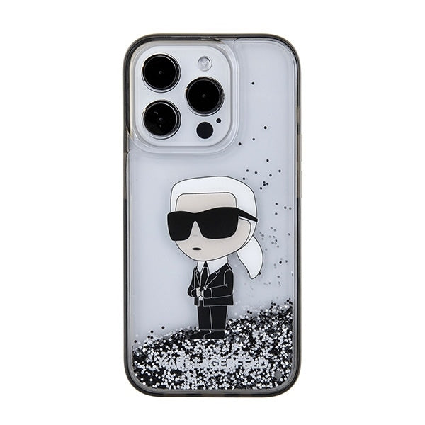 Funda para Apple iPhone 15 Pro Max, Karl Lagerfeld, Liquid Glitter Ikonik Karl, Transparente