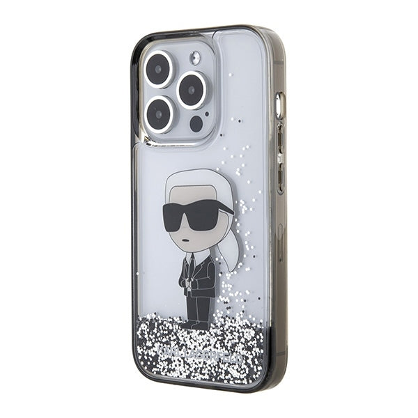 Funda para Apple iPhone 15 Pro Max, Karl Lagerfeld, Liquid Glitter Ikonik Karl, Transparente