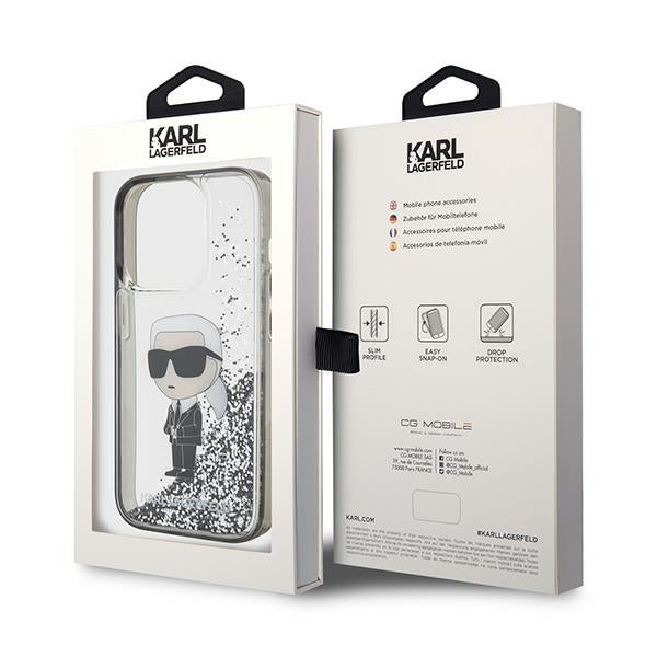 Funda para Apple iPhone 15 Pro Max, Karl Lagerfeld, Liquid Glitter Ikonik Karl, Transparente