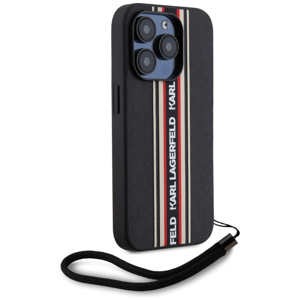 Funda para Apple iPhone 15 Pro Max, Karl Lagerfeld, Saffiano Athleisure Stripes with Strap, Rosie