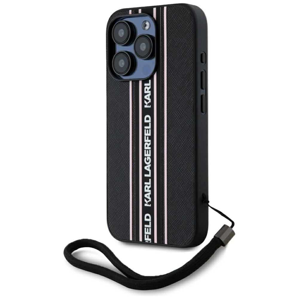 Funda para Apple iPhone 15 Pro Max, Karl Lagerfeld, Saffiano Athleisure Stripes with Strap, Rosa