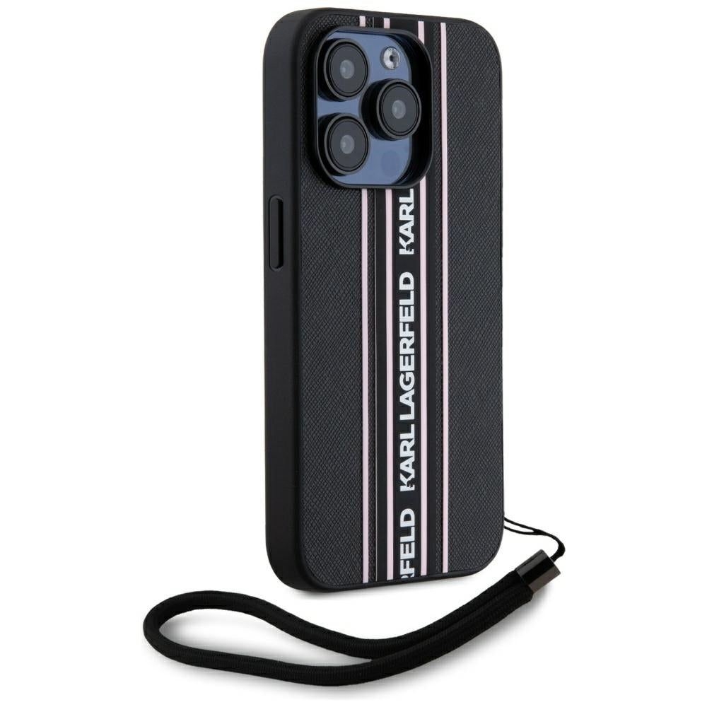 Funda para Apple iPhone 15 Pro Max, Karl Lagerfeld, Saffiano Athleisure Stripes with Strap, Rosa
