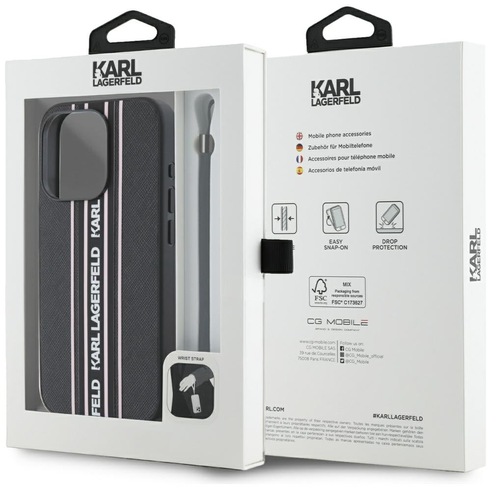 Funda para Apple iPhone 15 Pro Max, Karl Lagerfeld, Saffiano Athleisure Stripes with Strap, Rosa
