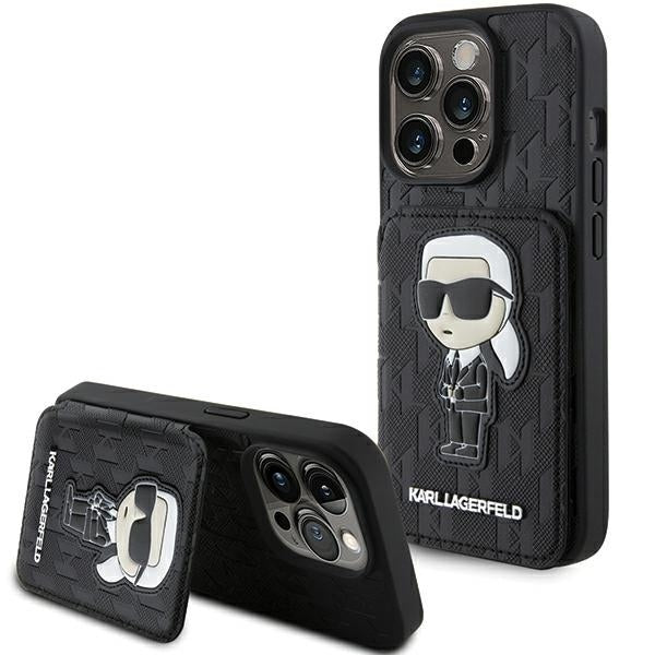 Funda para Apple iPhone 15 Pro Max, Karl Lagerfeld, Saffiano Cardslots and Stand Monogram Ikonik Karl, Negra