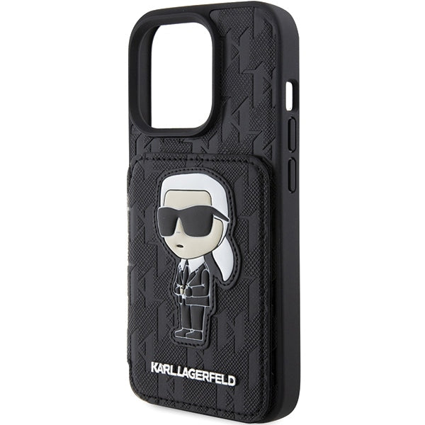 Funda para Apple iPhone 15 Pro Max, Karl Lagerfeld, Saffiano Cardslots and Stand Monogram Ikonik Karl, Negra