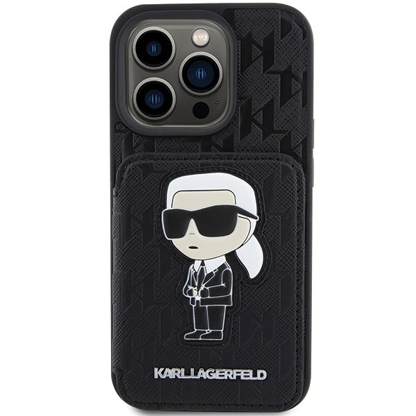 Funda para Apple iPhone 15 Pro Max, Karl Lagerfeld, Saffiano Cardslots and Stand Monogram Ikonik Karl, Negra