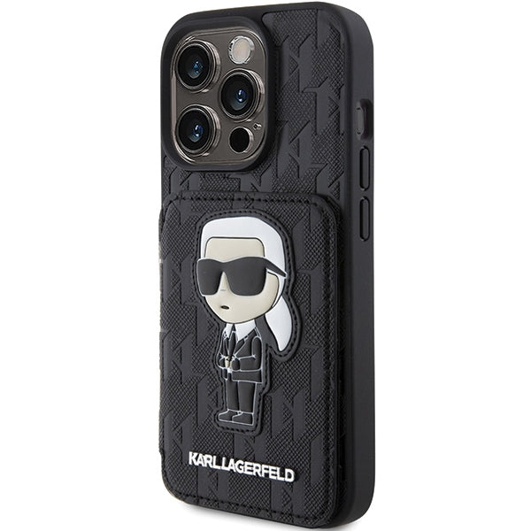 Funda para Apple iPhone 15 Pro Max, Karl Lagerfeld, Saffiano Cardslots and Stand Monogram Ikonik Karl, Negra
