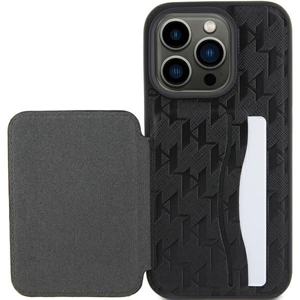 Funda para Apple iPhone 15 Pro Max, Karl Lagerfeld, Saffiano Cardslots and Stand Monogram Ikonik Karl, Negra