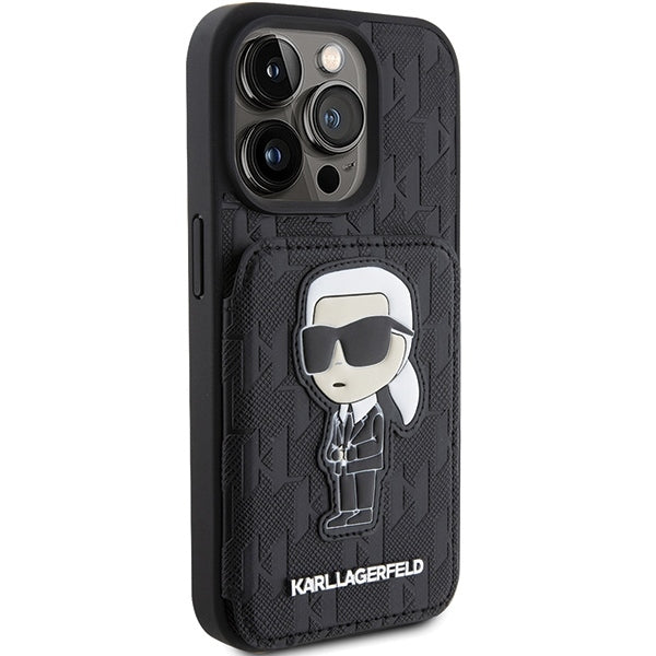 Funda para Apple iPhone 15 Pro Max, Karl Lagerfeld, Saffiano Cardslots and Stand Monogram Ikonik Karl, Negra