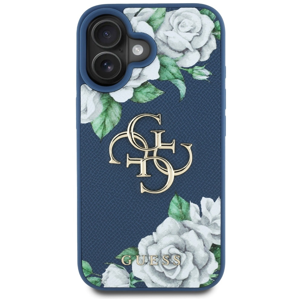 Funda para Apple iPhone 16, Guess, 4G Grained Roses Big Logo, Azul