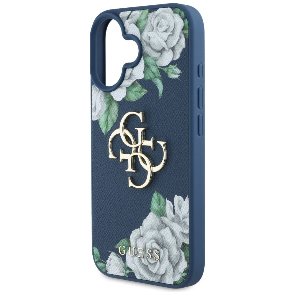 Funda para Apple iPhone 16, Guess, 4G Grained Roses Big Logo, Azul