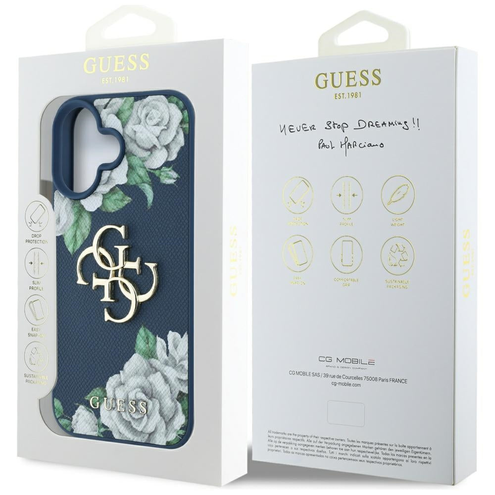 Funda para Apple iPhone 16, Guess, 4G Grained Roses Big Logo, Azul