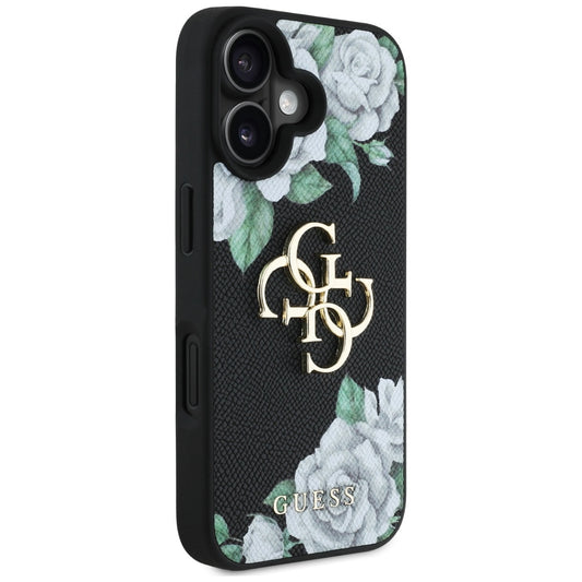 Funda para Apple iPhone 16, Guess, 4G Grained Roses Big Logo, Negra