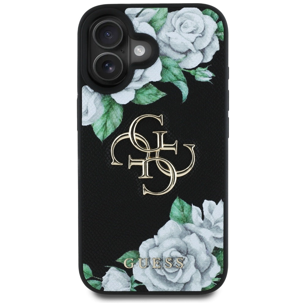 Funda para Apple iPhone 16, Guess, 4G Grained Roses Big Logo, Negra