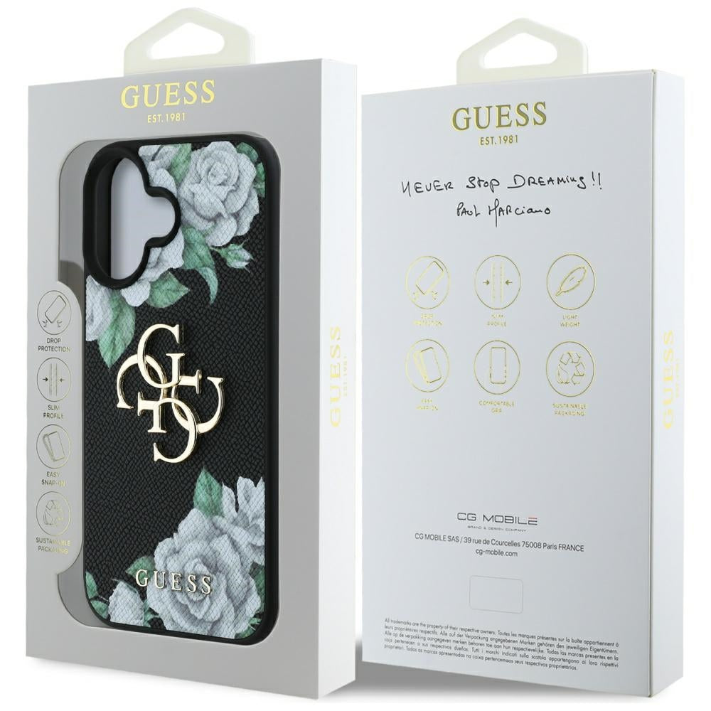 Funda para Apple iPhone 16, Guess, 4G Grained Roses Big Logo, Negra