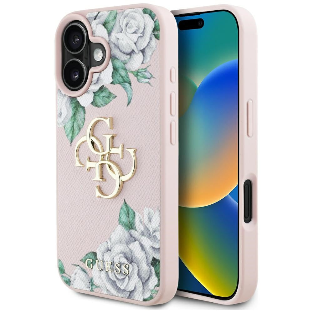 Funda para Apple iPhone 16, Guess, 4G Grained Roses Big Logo, Rosa