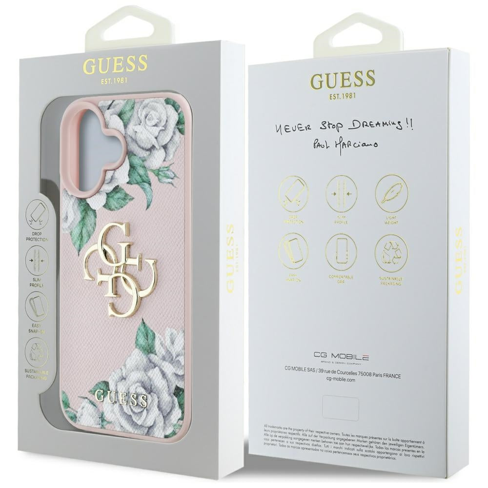 Funda para Apple iPhone 16, Guess, 4G Grained Roses Big Logo, Rosa