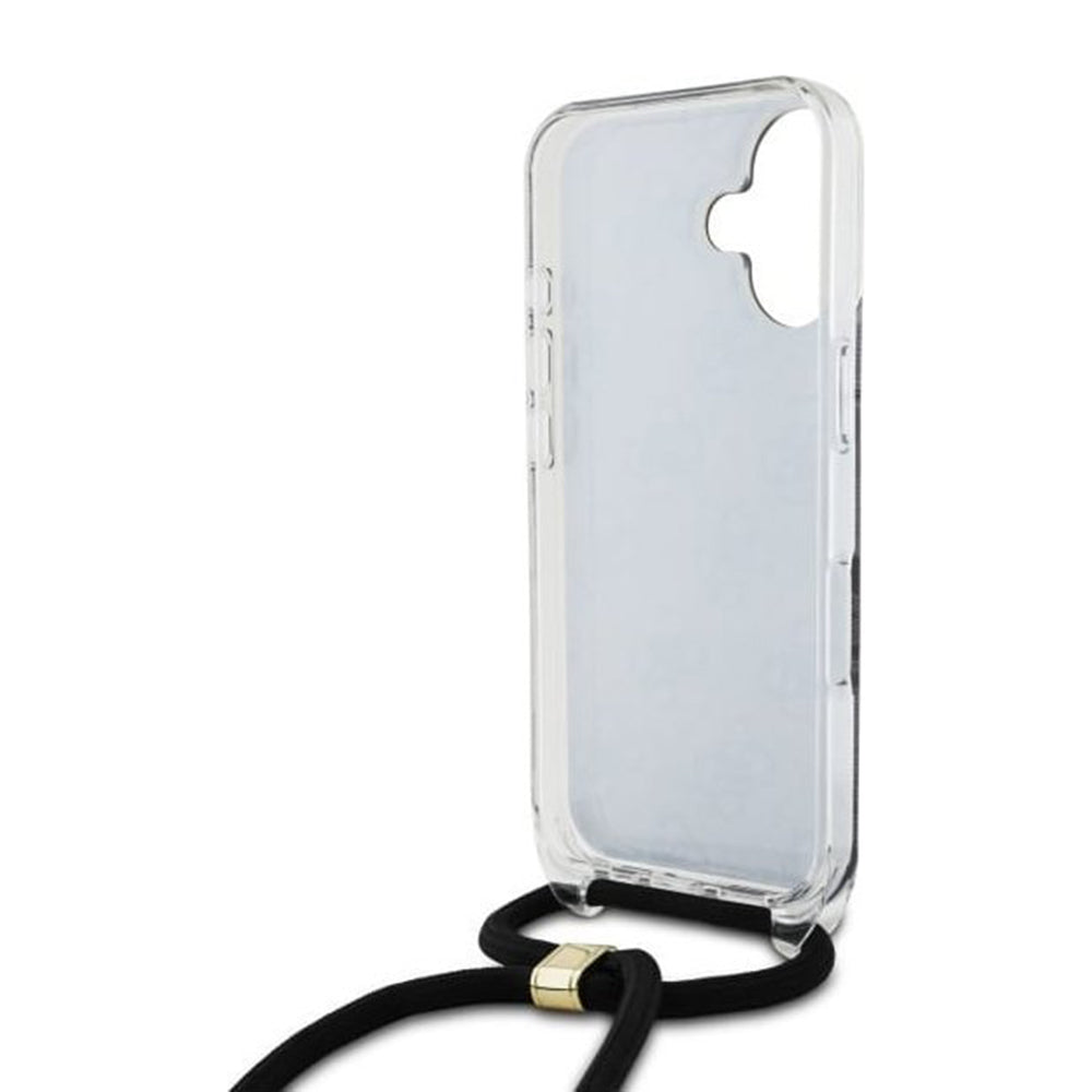 Funda para Apple iPhone 16, Guess, Crossbody Cord 4G Print, Negra.