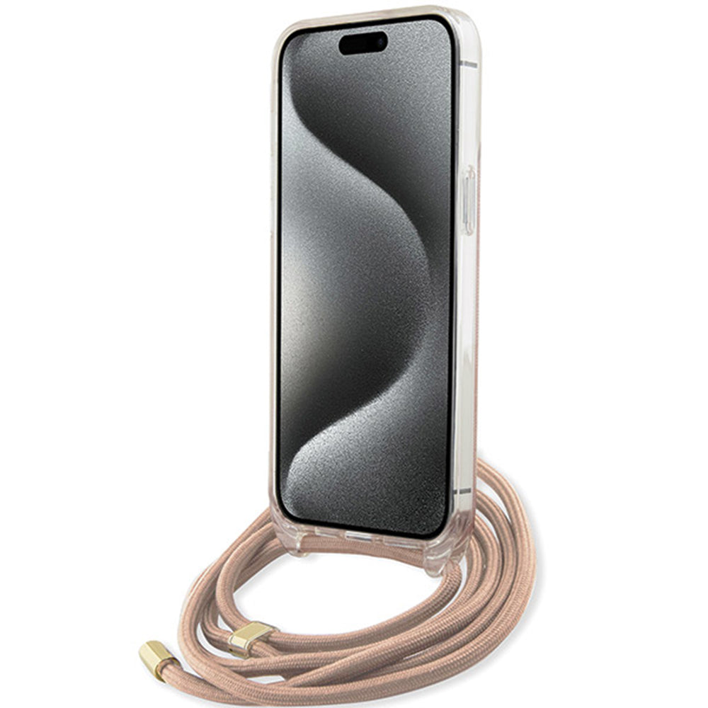 Funda para Apple iPhone 16, Guess, Crossbody Cord 4G Print, Rosa