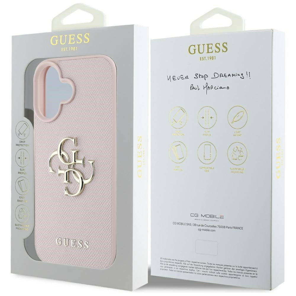 Case for Apple iPhone 16, Guess, Grained Big 4G Logo Small Classic Logo, Pink