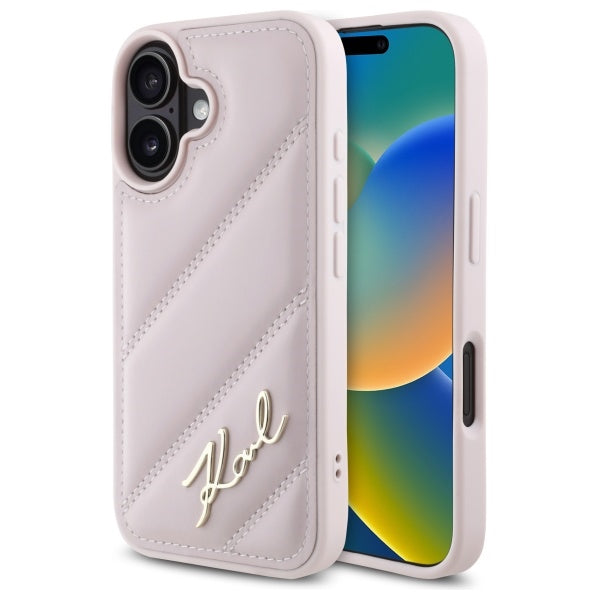 Funda para Apple iPhone 16, Karl Lagerfeld, Diagonal Quilted Script, Rosa
