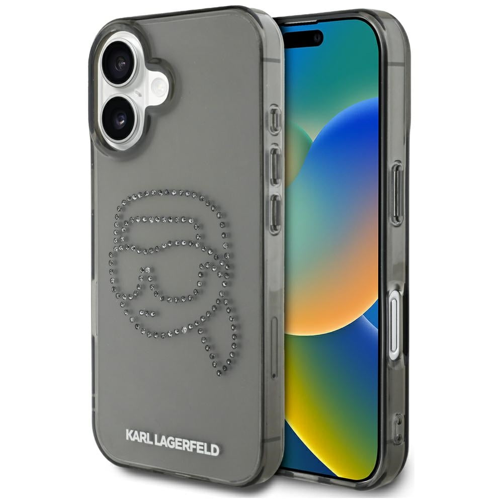 Funda para Apple iPhone 16, Karl Lagerfeld, IML Rhinestones Karl's Head, Negra