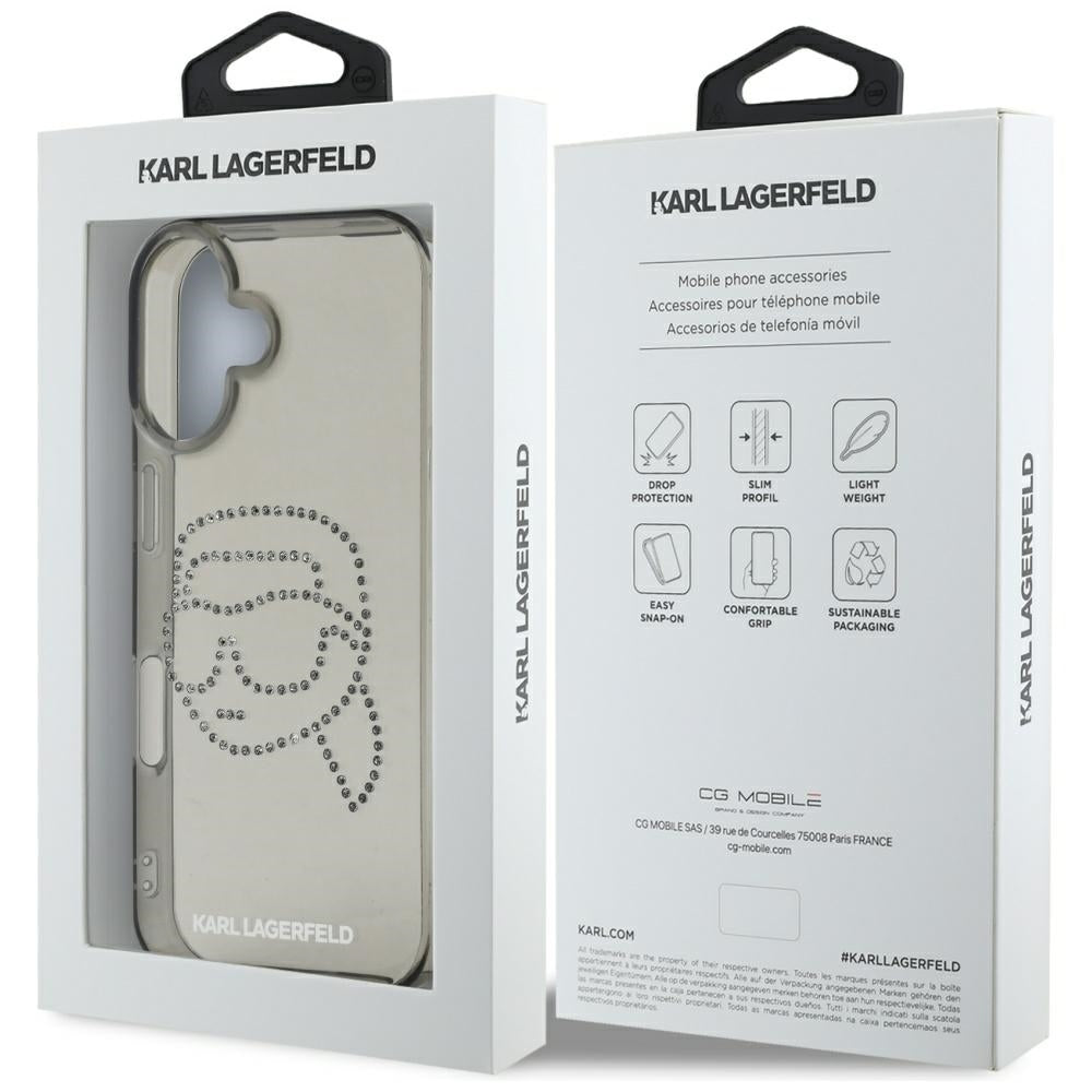 Funda para Apple iPhone 16, Karl Lagerfeld, IML Rhinestones Karl's Head, Negra