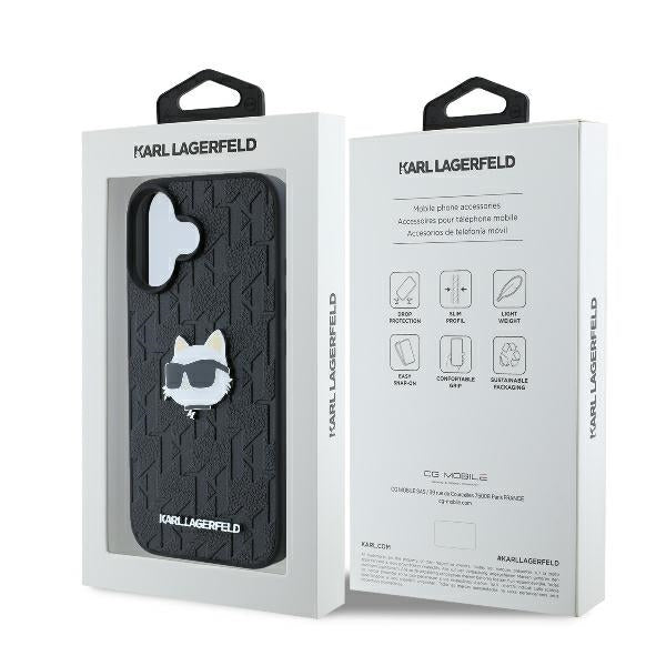 Funda para Apple iPhone 16, Karl Lagerfeld, Monograma Cabeza de Choupette, Negra