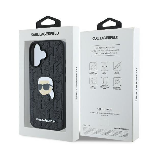 Funda para Apple iPhone 16, Karl Lagerfeld, Monograma Cabeza de Karl, Negra