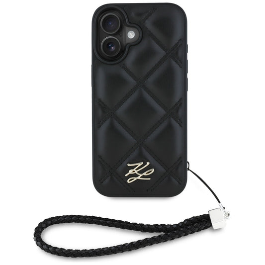 Funda para Apple iPhone 16, Karl Lagerfeld, Logo Inicial Acolchado & Correa de Cadena, Negra