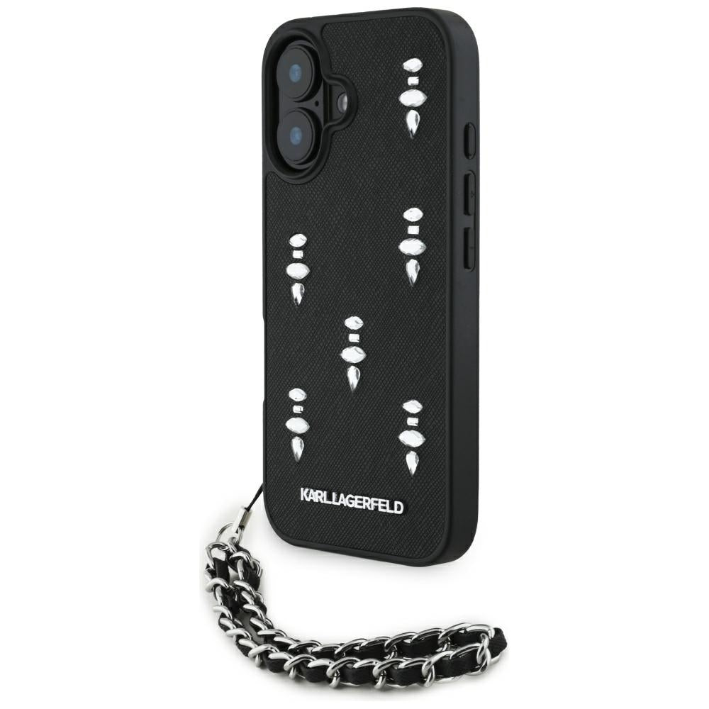 Funda para Apple iPhone 16, Karl Lagerfeld, Saffiano Crystals & Charm, Negra