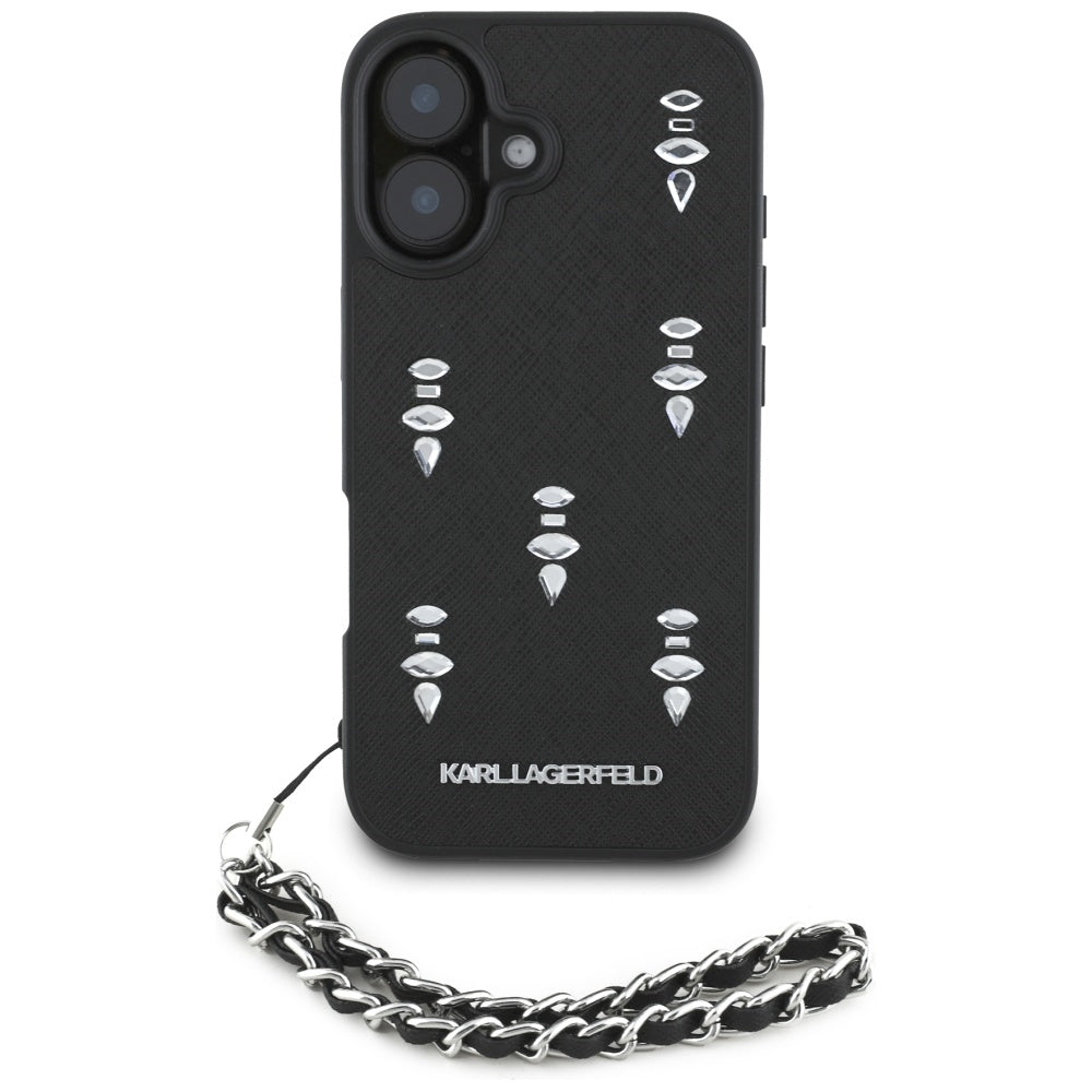 Funda para Apple iPhone 16, Karl Lagerfeld, Saffiano Crystals & Charm, Negra