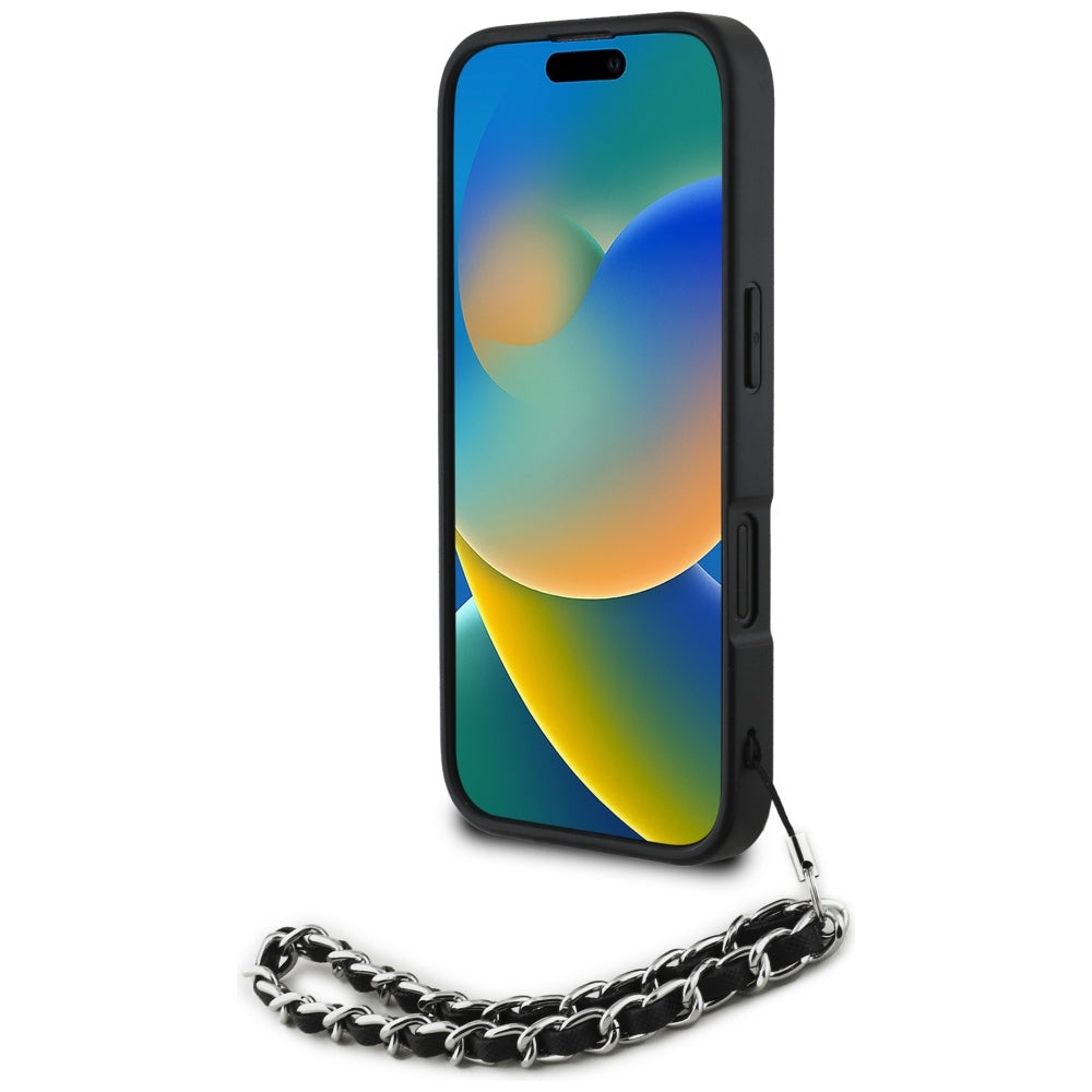 Funda para Apple iPhone 16, Karl Lagerfeld, Saffiano Crystals & Charm, Negra