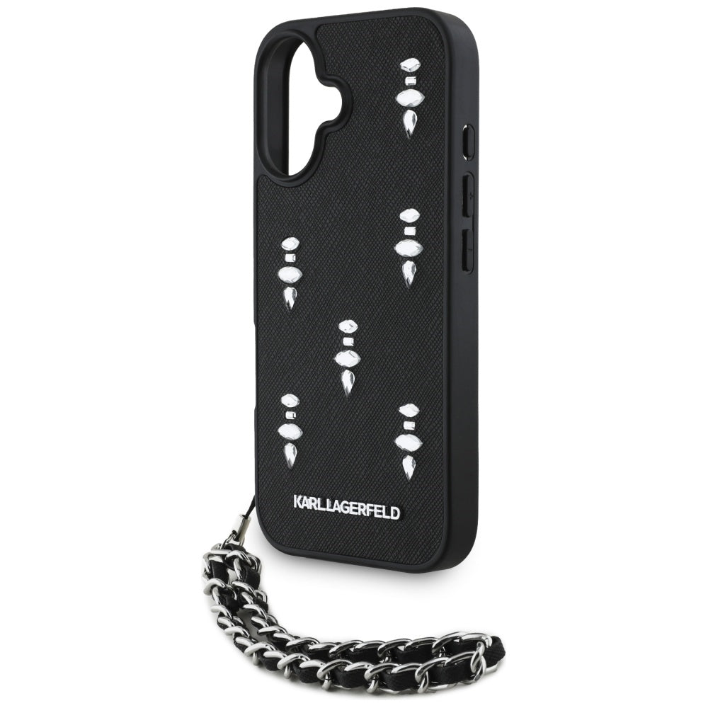 Funda para Apple iPhone 16, Karl Lagerfeld, Saffiano Crystals & Charm, Negra