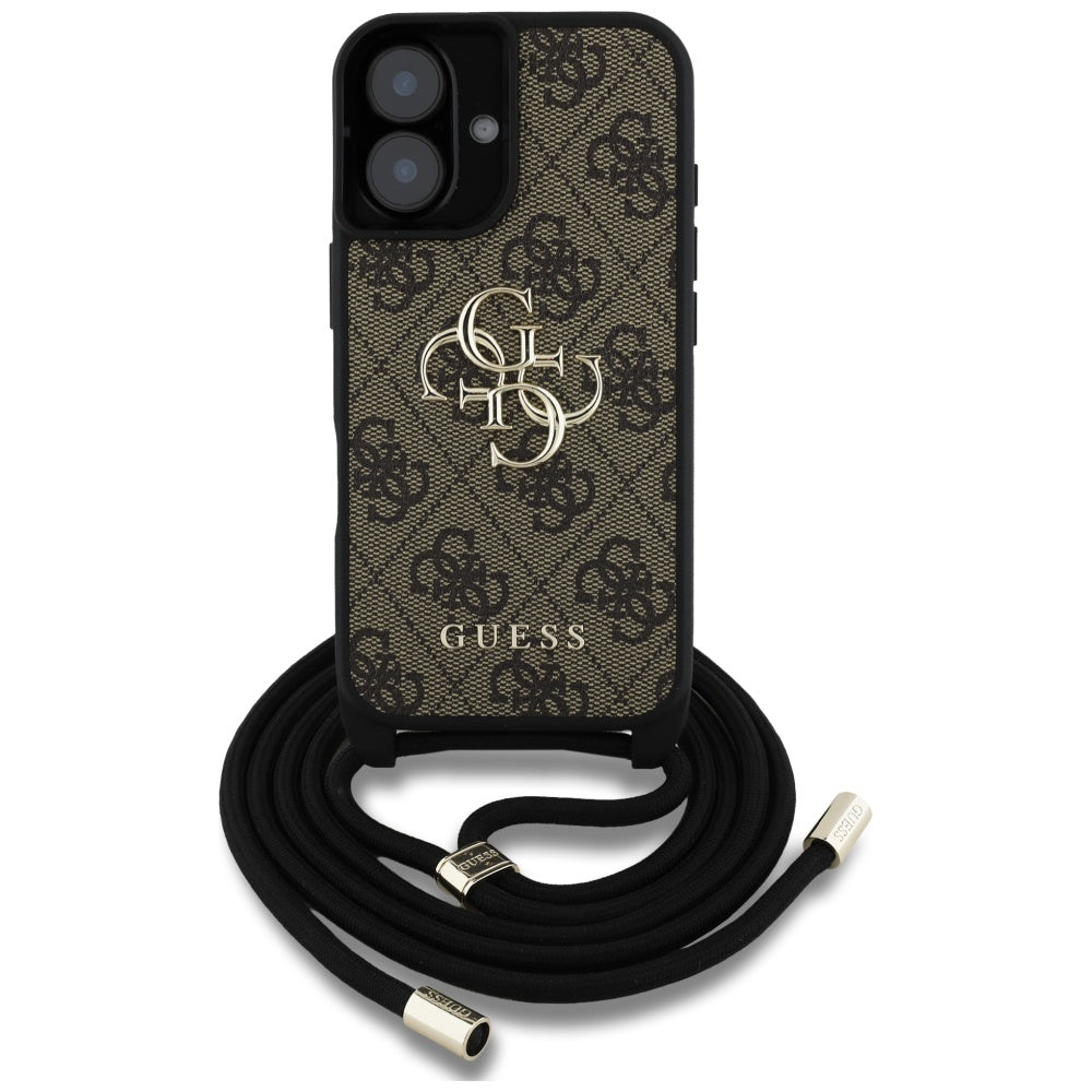 Funda para Apple iPhone 16 Plus, Guess, 4G CBDY Big Logo con Correa de Cordón, Marrón.