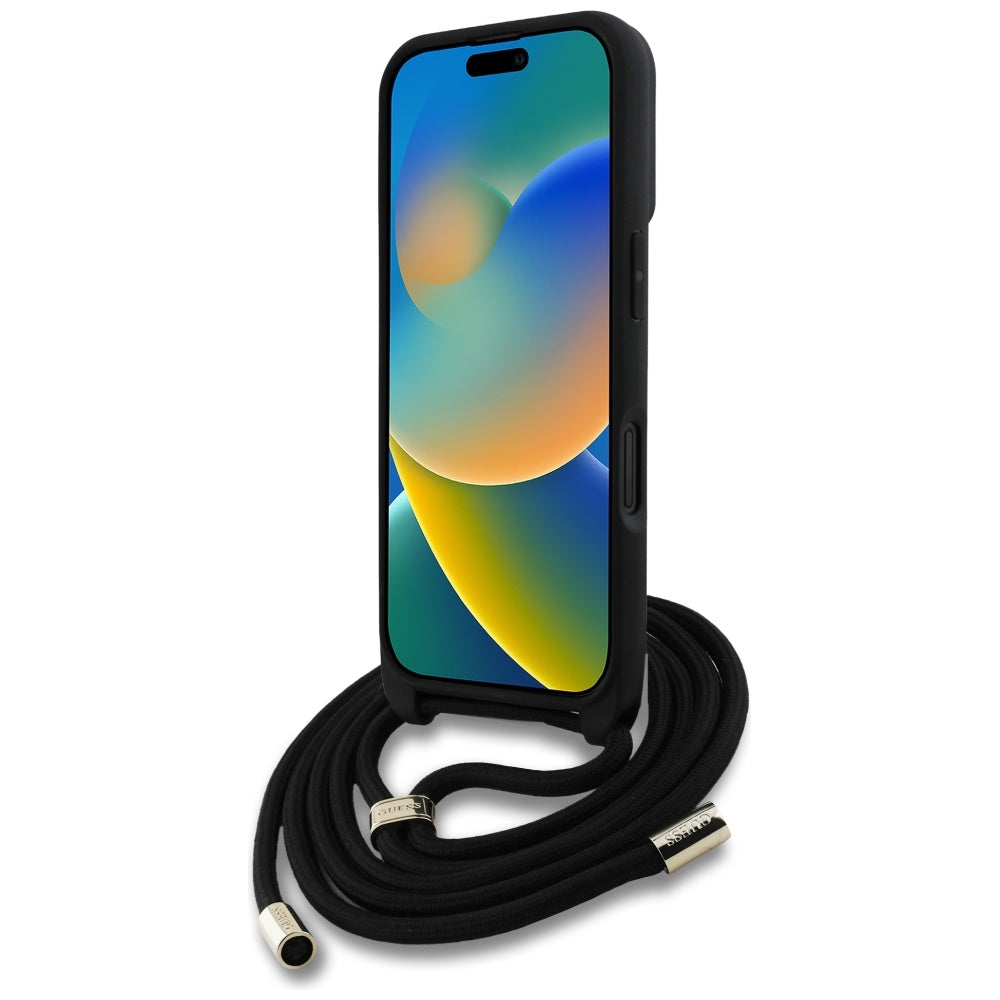 Funda para Apple iPhone 16 Plus, Guess, 4G CBDY Big Logo con Correa de Cordón, Marrón.
