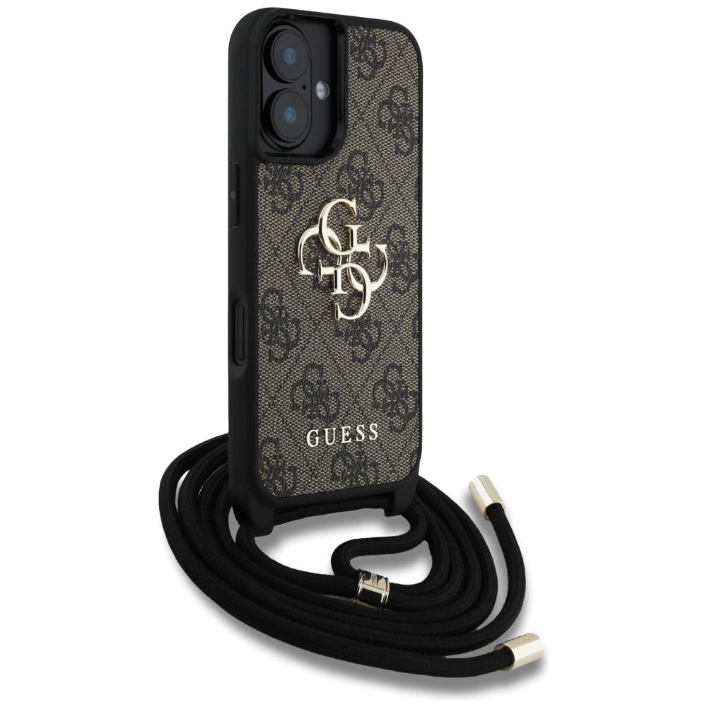 Funda para Apple iPhone 16 Plus, Guess, 4G CBDY Big Logo con Correa de Cordón, Marrón.