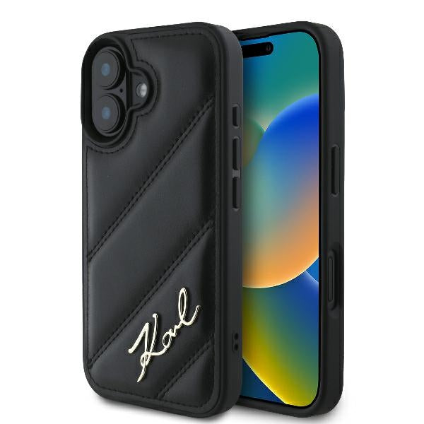 Funda para Apple iPhone 16 Plus, Karl Lagerfeld, Diagonal Quilted Script, Negra