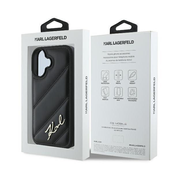Funda para Apple iPhone 16 Plus, Karl Lagerfeld, Diagonal Quilted Script, Negra