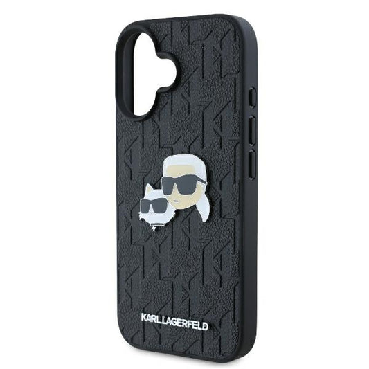 Funda para Apple iPhone 16 Plus, Karl Lagerfeld, Monograma Karl & Cabezas de Choupette, Negra