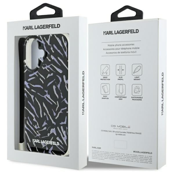 Funda para Apple iPhone 16 Plus, Karl Lagerfeld, Zebra with Cord Strap, Morado