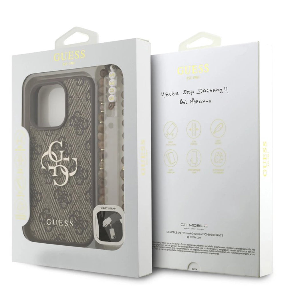 Funda para Apple iPhone 16 Pro, Guess, 4G Classic Logo con Correa, Marrón