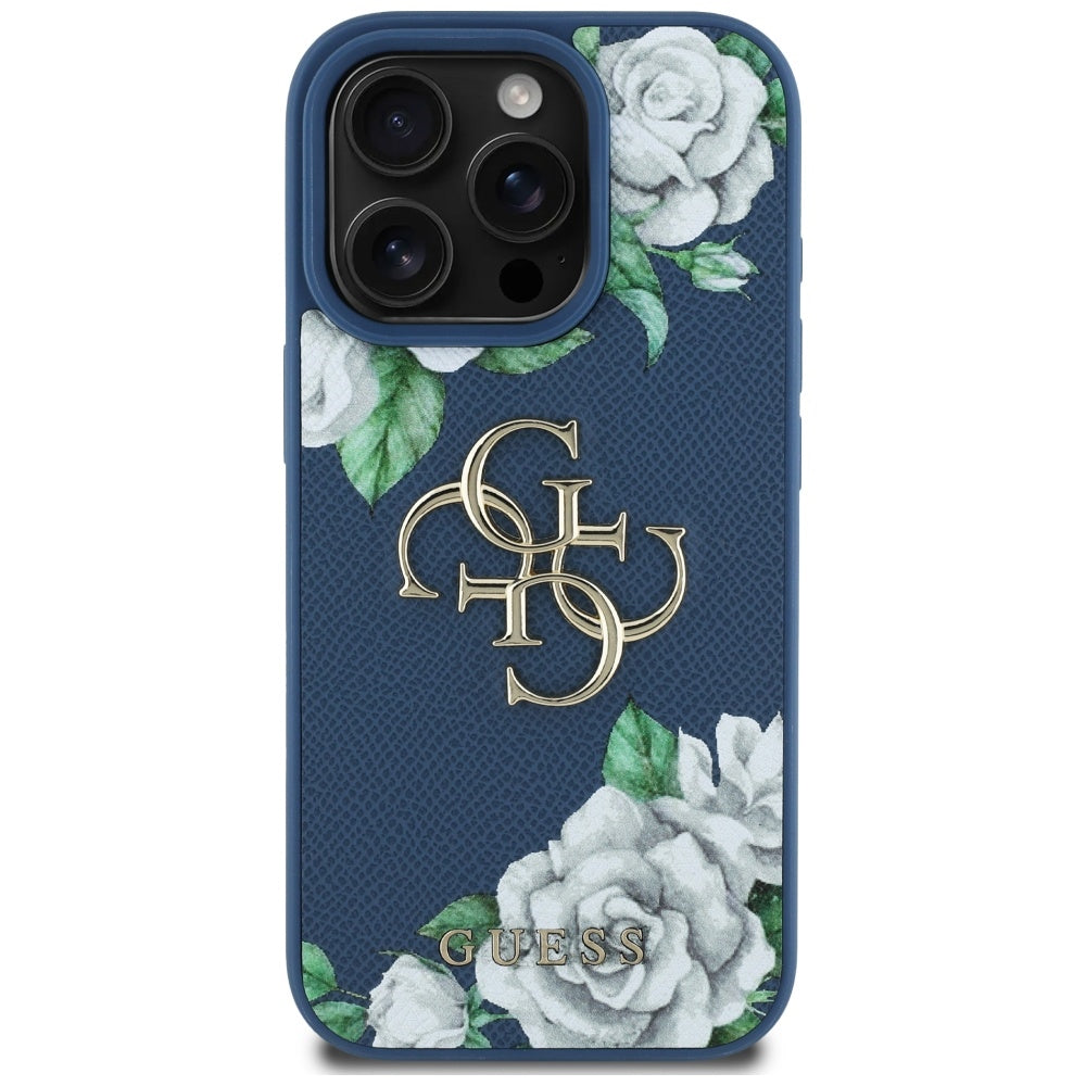 Funda para Apple iPhone 16 Pro, Guess, 4G Grained Roses Big Logo, Azul