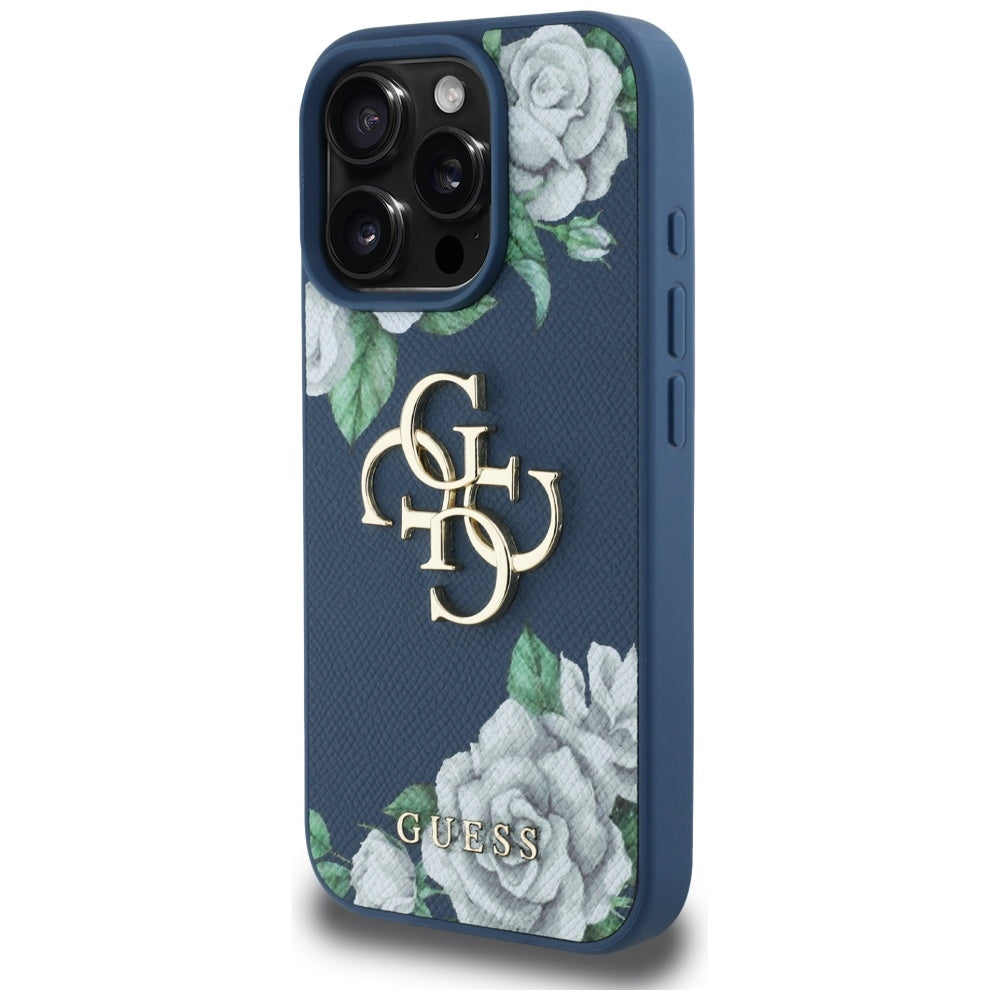 Funda para Apple iPhone 16 Pro, Guess, 4G Grained Roses Big Logo, Azul
