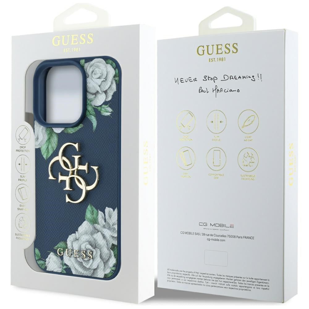 Funda para Apple iPhone 16 Pro, Guess, 4G Grained Roses Big Logo, Azul