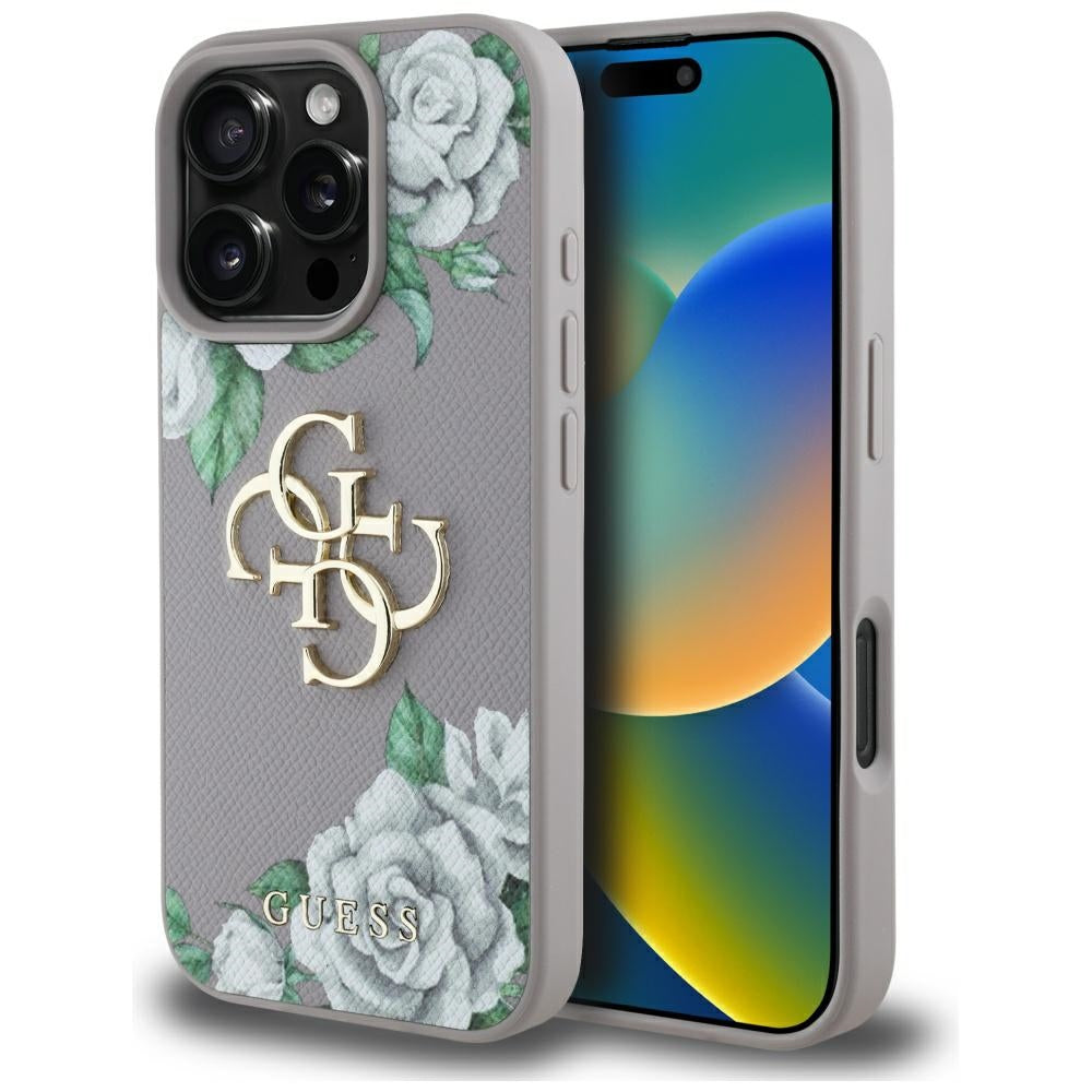 Funda para Apple iPhone 16 Pro, Guess, 4G Grained Roses Big Logo, Morado