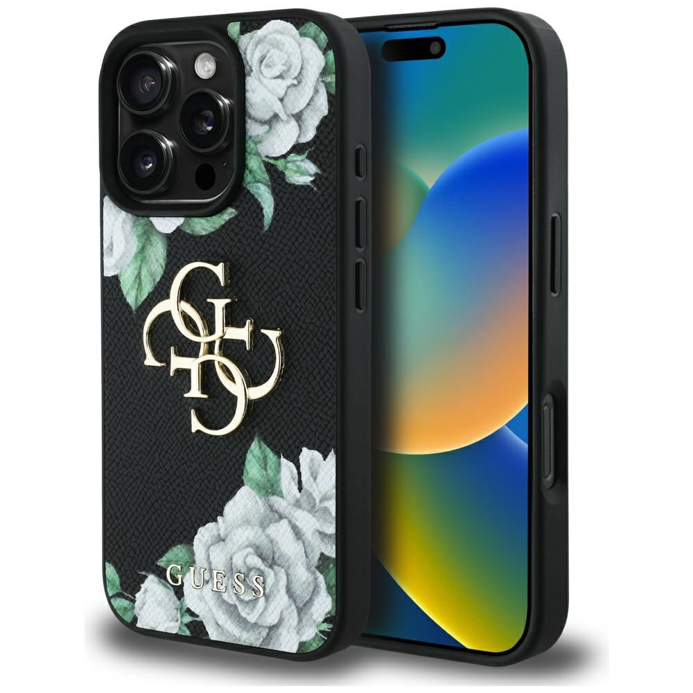 Funda para Apple iPhone 16 Pro, Guess, 4G Grained Roses Big Logo, Negra
