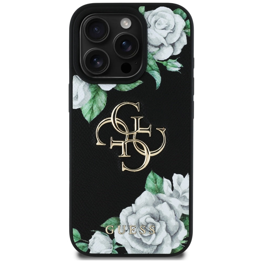 Funda para Apple iPhone 16 Pro, Guess, 4G Grained Roses Big Logo, Negra